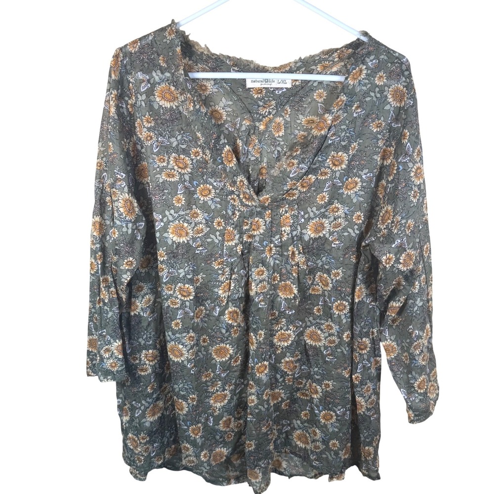 Natural Life Floral Sunflower Tunic Women L/XL Green Boho Peasant Festival Airy